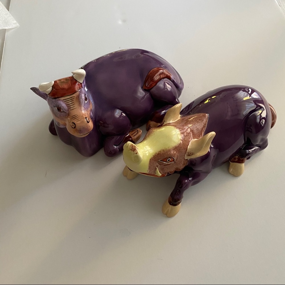 Pair of Ceramic Cow and Boar Figurine